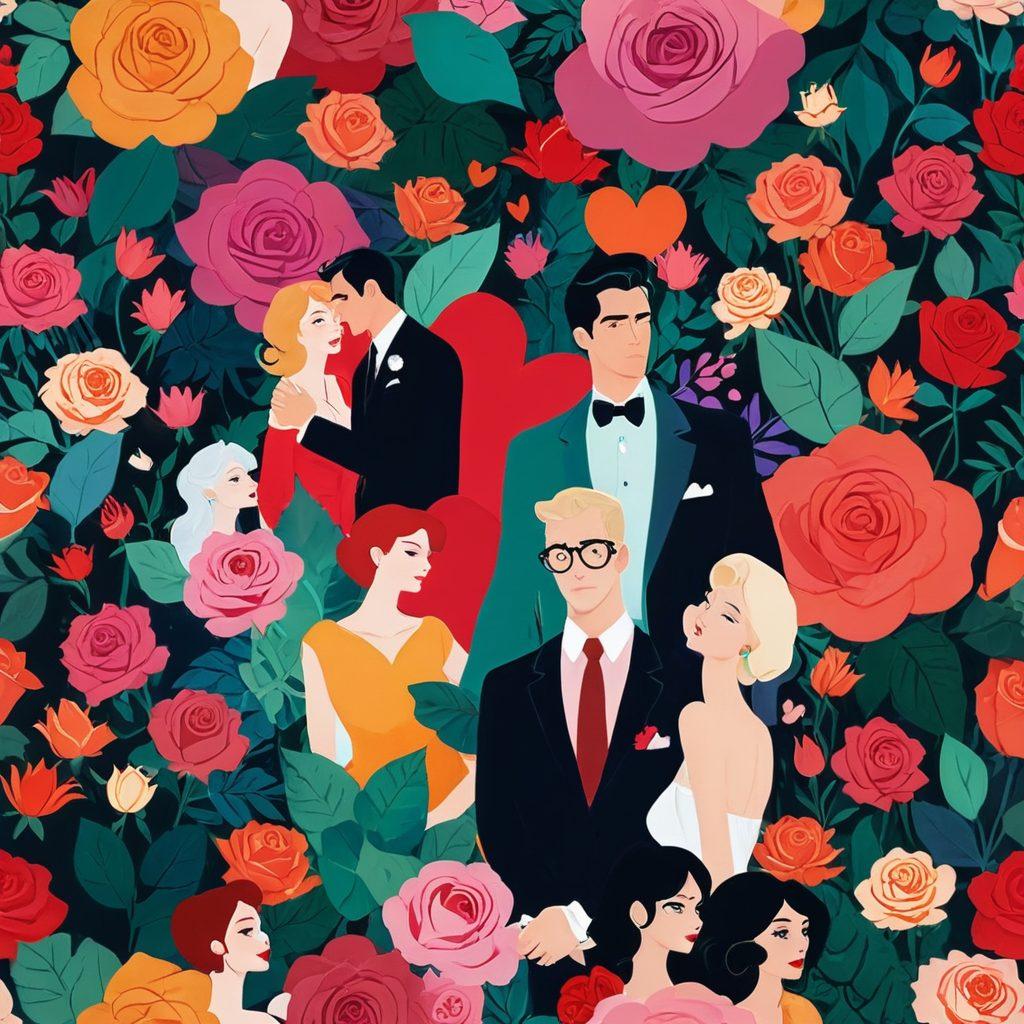 A captivating collage of adult animation scenes that convey subtle seduction, featuring diverse characters in sensual poses and rich colors. The background should blend a dreamy, whimsical atmosphere with elements of classic animation style. Incorporate iconic symbols of seduction like roses and hearts, alongside silhouettes to hint at intimacy. The overall vibe should be playful yet sophisticated, enticing viewers to explore the depth of adult animation's influence on entertainment culture. vibrant colors. painterly style. whimsical atmosphere.